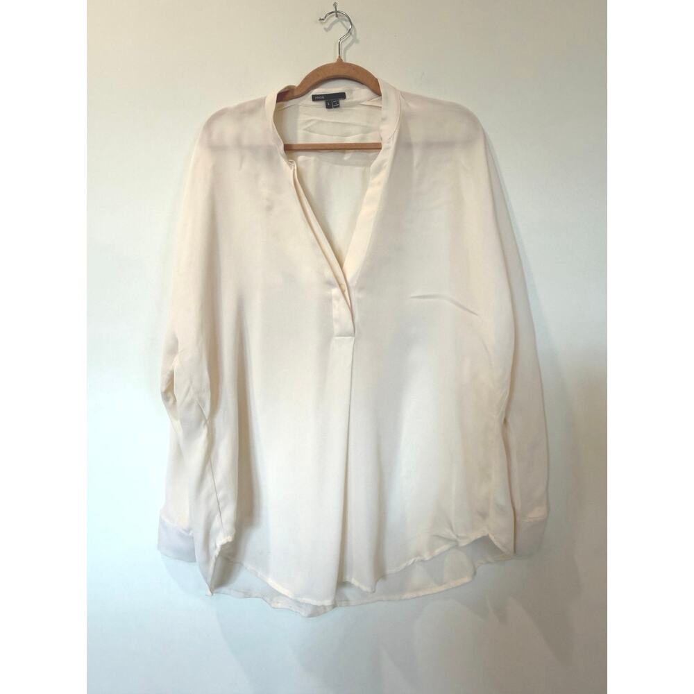 Vince 100% silk oversized V Neck Tunic Blouse Ivory Cream Large Cottagecore